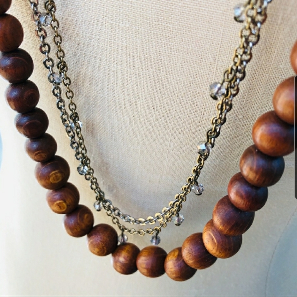 Wood Bead Gold-tone Multi-strand Necklace Bracelet